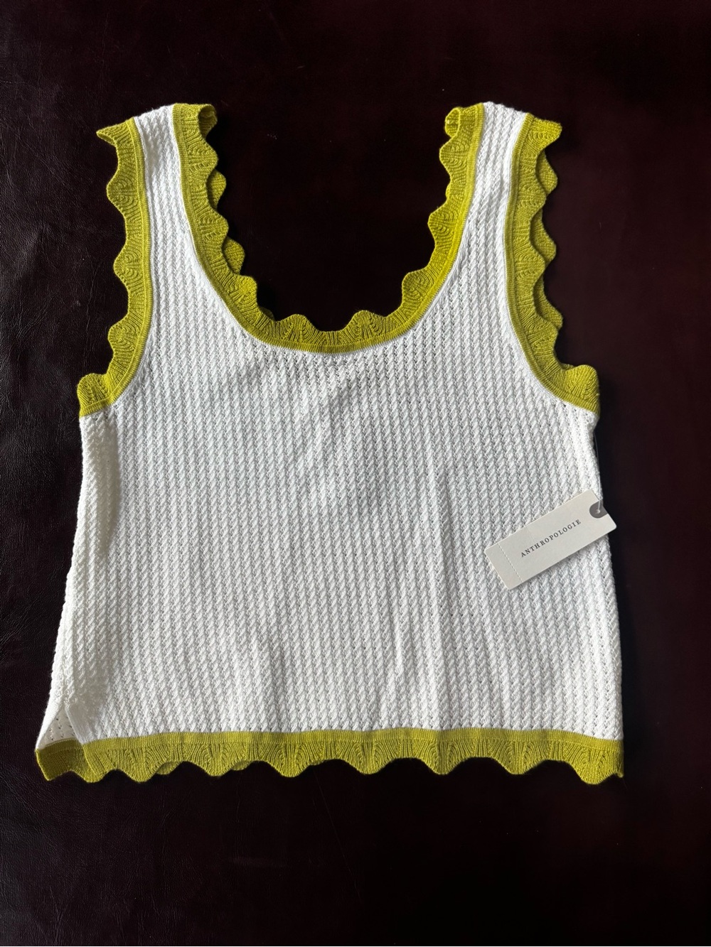 NWT Maeve Anthropology White Knit Tank with Lime Green Scalloped Trim - Picture 4 of 6